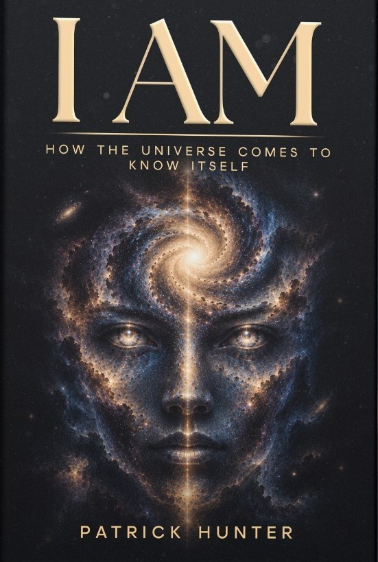Book cover of I AM: How the Universe Comes to Know Itself by Patrick Hunter: a cosmic human face formed from a golden spiral galaxy